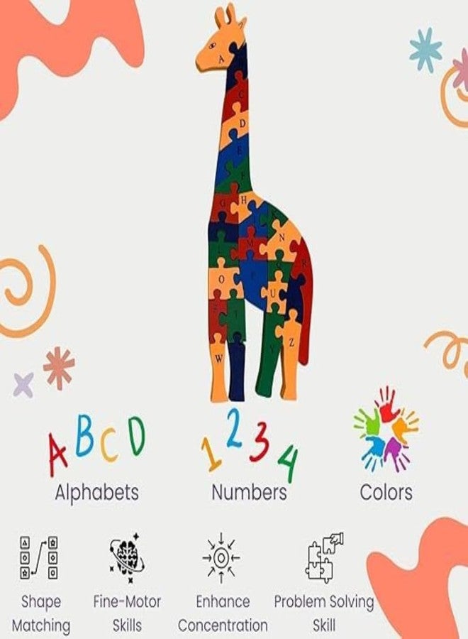 SubiMouIQ Animal Shaped Wooden Jigsaw Puzzles - Alphabet & Numbers Learning Toy for Kids || Educational Puzzle for Toddlers, Early Learning Activity || Educational Gift (Giraffe) - Image 3